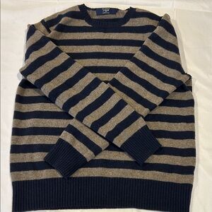 J. Crew Navy and Tan Striped Crewneck 100% Lambswool Sweater M